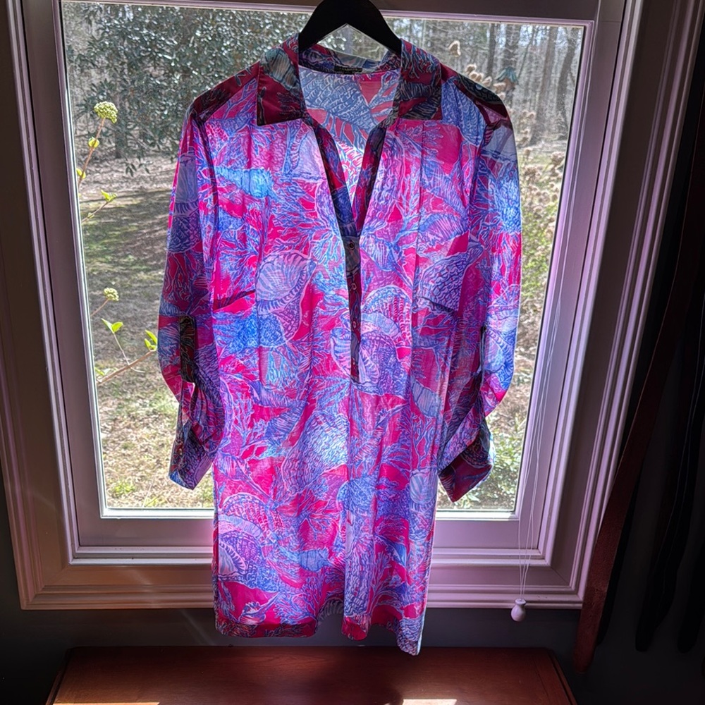 Vibrant Pink and Blue Sheer Dress